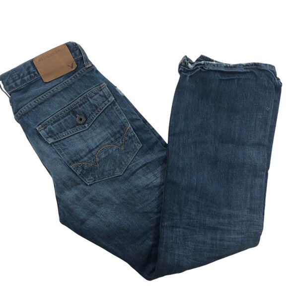 American Eagle Men's Jeans Low Rise Boot Cut Distressed Blue Denim Size 31 x 32 - Picture 1 of 13